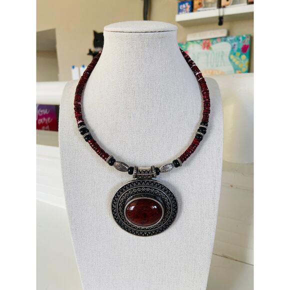 Vintage Premier Designs Red Spice Boho Antiqued Silver Costume Collar Necklace - Picture 1 of 4
